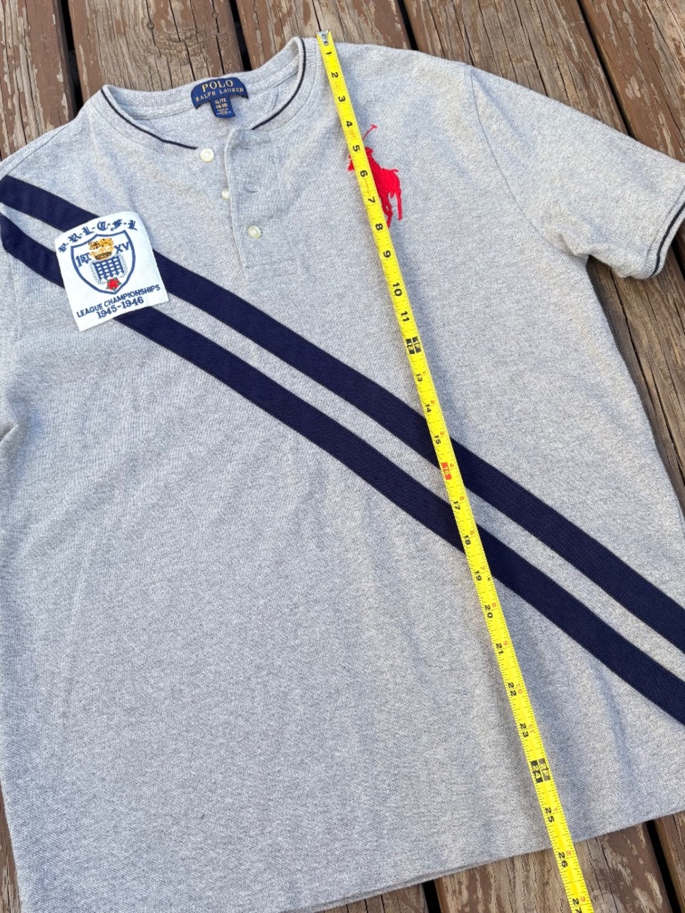 Polo Ralph Lauren Henley Shirt – Grey w/ Big Pony & Stripes (Boys XL / Unisex S) - Picture 2 of 7